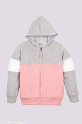 Cotton blend colorblocked winter zipper hoodie for girls, stylish fleece wear for 2-3 years