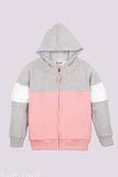 Cotton blend colorblocked winter zipper hoodie for girls, stylish fleece wear for 2-3 years
