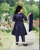 Trending festive blue rayon kurti set for kids with embroidered sleeves, A-line shape and included dupatta. Traditional Indian attire for children's parties, weddings, functions, and festivals