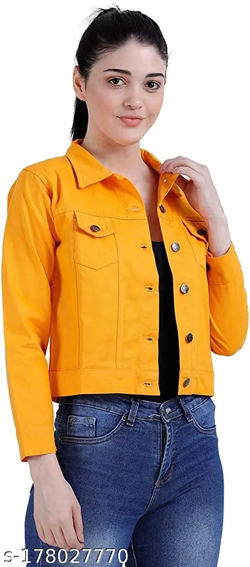 Orange denim twill women's regular jacket, solid design with long sleeves. Size S (bust 34in, length 17in), made in India