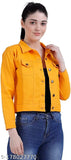 Orange denim twill women's regular jacket, solid design with long sleeves. Size S (bust 34in, length 17in), made in India