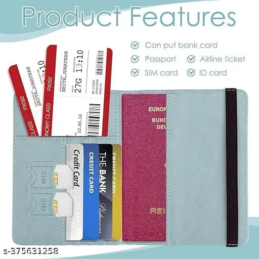 Blue PU Leather RFID Blocking Travel Document Holder with multiple slots for cards and passes