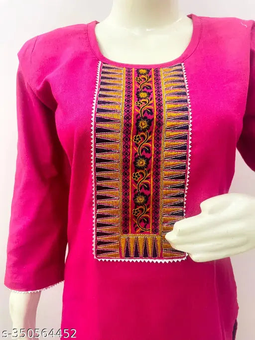 Kashmiri pashmina three-quarter sleeve solid kurti, full embroidery works on women's clothing, comfortable fit in sizes M, L, XL, XXL from India