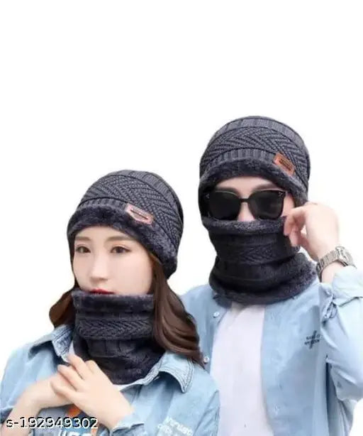 Winter woolen cap and scarf set, dual layers, super thick acrylic knit, soft fur inner lining, warm for men & women