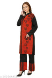 Women's wool palazzo set with printed wool kurta, full sleeve and long hem - Christys Collection