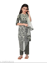 Girls cotton embroidery kurta set with dupatta, A-line trousers, printed pattern, three-quarter sleeves. India made
