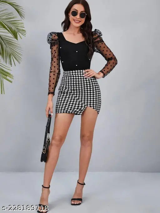 Black textured polyester mini skirt for women, printed with net pattern, formal occasion, mid-rise, pull-on style, available in sizes 26, 28, 30, 32 (waist 26in/15in/30in hip, 28in/15in/32in hip, 30in/16in/34in hip, 32in/16in/36in hip). Made in India
