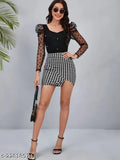 Black textured polyester mini skirt for women, printed with net pattern, formal occasion, mid-rise, pull-on style, available in sizes 26, 28, 30, 32 (waist 26in/15in/30in hip, 28in/15in/32in hip, 30in/16in/34in hip, 32in/16in/36in hip). Made in India