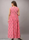 Peach rayon printed Anarkali sleeveless long kurti cum gown for women, featuring trendy and elegant design from India