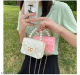 Striped net synthetic sling bag for travel, party, or casual wear by Balaji Sales. Free size, pearl embellished design