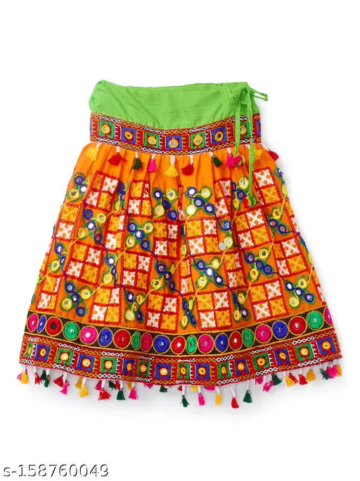 Orange Banjara Kutchi embroidered girls Chaniya Choli and Dupatta with cotton fabric and sleeveless top