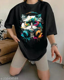Trendy feminine printed cotton blend oversized t-shirt, three-quarter sleeves, vibrant pattern for women's fashion, India origin