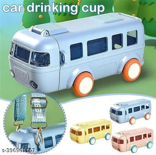 Blue plastic bus-shaped sipper water bottle for kids, BPA free, leak-proof design, perfect for school use (1 pack)