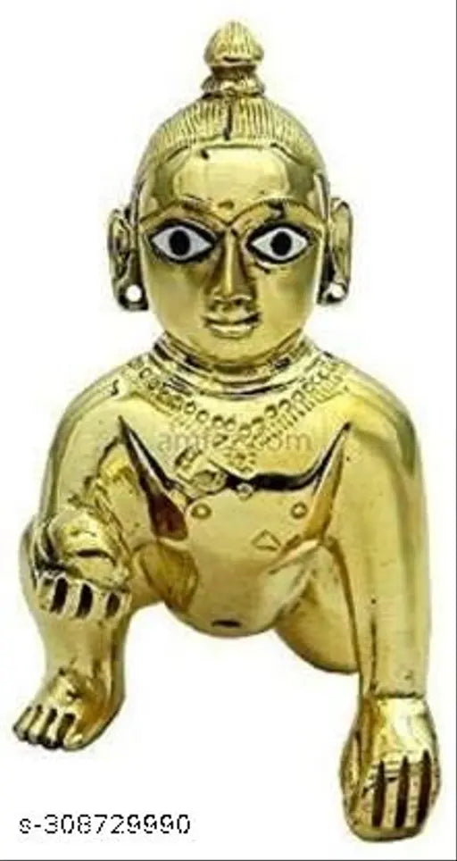 Brass Krishna Idol: Thakur ji 1NO Size Laddu Gopal with Posak Dress, Mukutmala, Bal - Indian handcrafted Krishna figurine