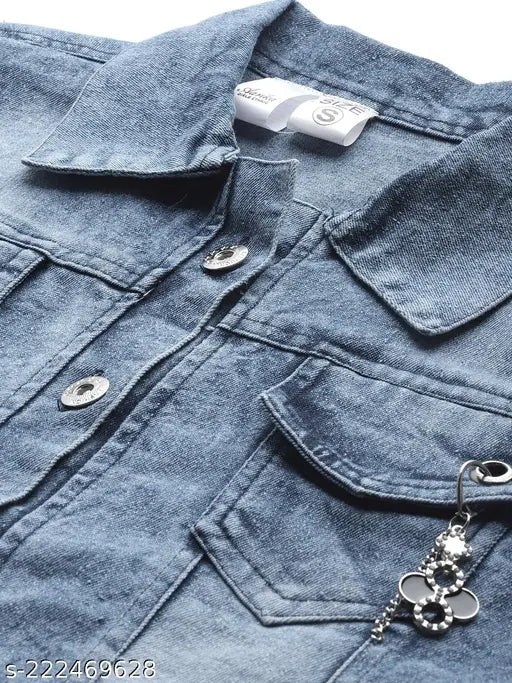Blue denim solid jacket, long sleeves, women's Aarika brand