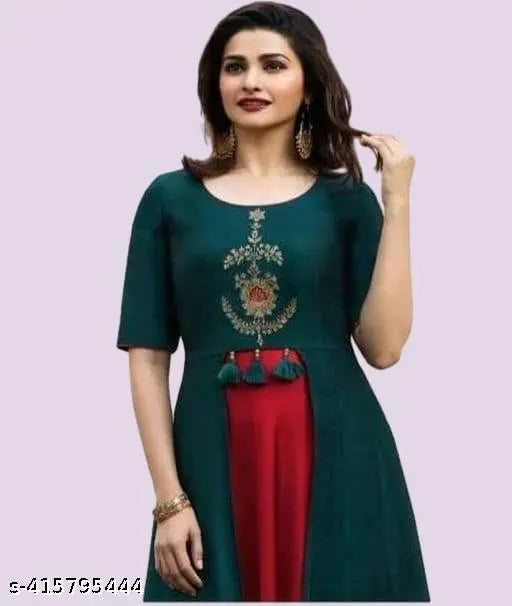 Red and Green Embroidered Rayon Anarkali Kurti by DPG Prachi Desai, Indian women's fashion with short sleeves