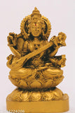 Golden ceramic Saraswati statue, religious idol from India, 5x5x8 cm