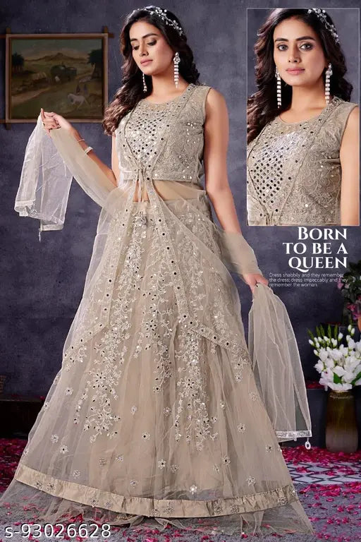 Heavy designer lehenga choli with dori embroidery, net fabric, and stone work. Indian handcrafted traditional top and dupatta set in free size (38in waist, 43in length, 2.5in dupatta length)