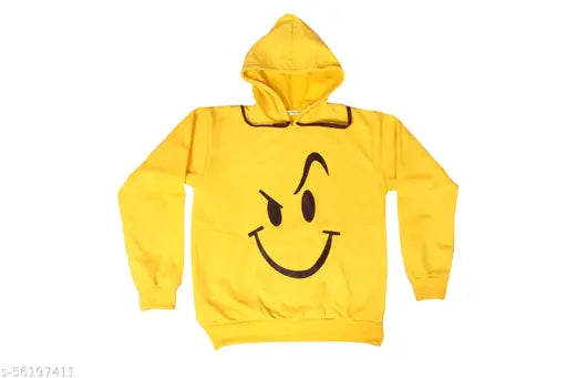 Girls yellow cotton blend sweatshirt & hoodie. Printed long-sleeved pullover fleece hoodie for kids, India origin