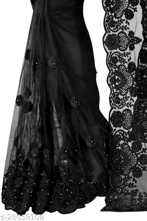 Abhisarika voguish net saree with embroidered solid satin blouse, traditional Indian clothing for women