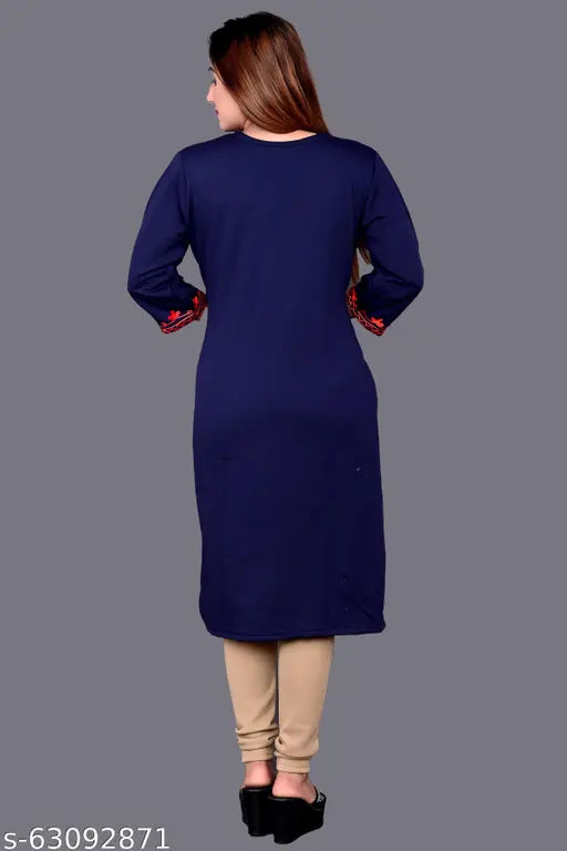 Women's woolen kurti, cotton three-quarter sleeves, embroidered floral design, festive winter wear, India