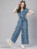 Blue rayon short-sleeved jumpsuit with dyed/washed net pattern for women, size L (Bust 40in, Length 52in, Waist 28in). Women's long printed jumpsuit from India