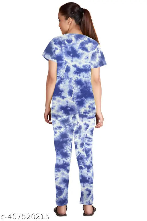 Women's tie-dye printed nightsuit set (Pack of 3) - polycotton, short sleeve, tie dye pattern, comfortable sleepwear
