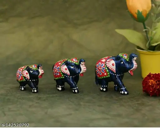 Blue resin elephant statuette set of 3 for home decor, small (8x5.5cm), medium (8x7cm), large (10x8cm) - Indian handcrafted paper mache elephant idols