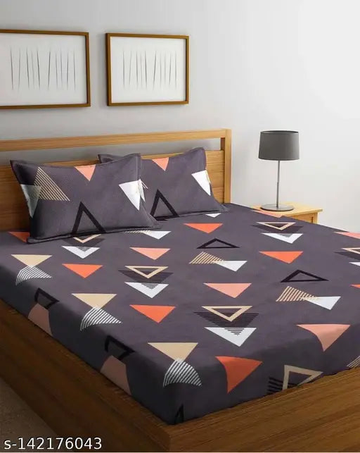 Grey 220TC glace cotton double bedsheets & 2 pillow covers - Amrange, superfine quality, geometric print, ideal for adult use in summer seasons