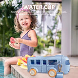 Blue plastic portable bus-shaped kids water bottle with detachable parts, leak-proof flip lid, and shoulder strap - ideal for outdoor activities