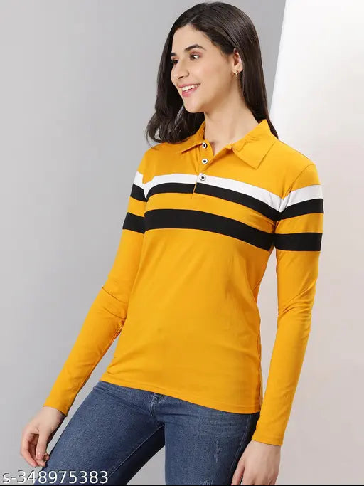 Yellow striped cotton blend t-shirt for women by AUSK, India