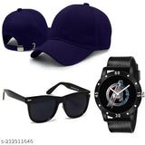 Black aviator sunglasses, watch, and solid cotton cap set - men's fashion accessory for summer activities