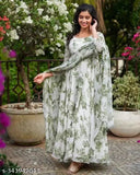 Green Georgette Chikankari Anarkali Kurta Set, printed with intricate floral patterns. S: bust 36in, waist 34in, hip 38in, shoulder 13in. Long sleeves kurti pant set for women