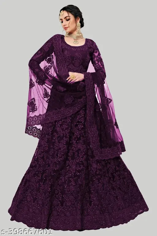 Embroidered net lehenga choli and dupatta set by Ladoo Creation, featuring intricate Indian embroidery