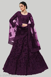 Embroidered net lehenga choli and dupatta set by Ladoo Creation, featuring intricate Indian embroidery