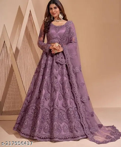 Trendy net embroidered lehenga choli for women's party wear, semi-stitched (waist 44in, length 42in), embellished bottom and embroidered dupatta