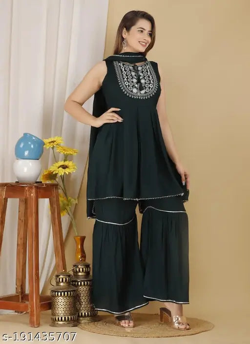 Green rayon kurti set with sharara and dupatta: single piece of women's A-line sleveless kurti, sharara, and dupatta made from rayon fabric, ready for various occasions
