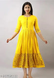 Yellow printed rayon flared kurta, three-quarter sleeves, Indian women's fashion