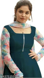 Pastel-shaded Indian georgette rama gown1 with long sleeves, printed dupatta and dori fumka. Fox Georgette fabric for a refreshing western look." (108 characters)