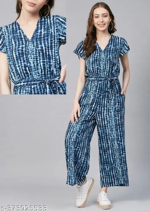 Women's blue striped rayon jumpsuit with front tie-up knot and short sleeves, featuring a stylish striped pattern