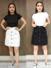 White & Black denim mini skirts (pack of 2), two solid-colored denim skirts on a hanger