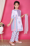 White rayon kurti plazzo set for kids, three-quarter sleeves, printed net pattern on display. Multiple sizes available: 18-24 months, 2-3 years, and more up to 14-15 years. Made in India
