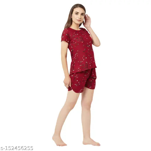Maroon rayon printed night suit, featuring round neck top with short sleeves, pocketed shorts - India-made sleepwear for comfortable nights