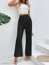Black cotton blend plazo trousers for women, regular fit with solid pattern, sizes available: 32, 34, 36, 28 (28/37/29), 30 (30/38/31), 32 (32/38/33), 34 (34/39/35), 36 (36/39/37) in inches, S, M, L, XL, XXL. Indian-made cotton blend women's casual trousers on display