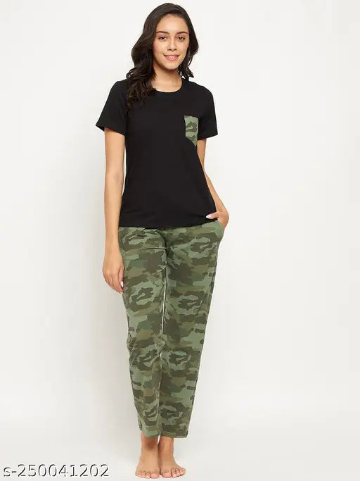 Black and camouflage cotton knee-length women's solid t-shirt & pyjama set by BIG BEAR - comfortable, stylish, and perfect for relaxing or play