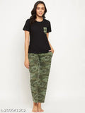 Black and camouflage cotton knee-length women's solid t-shirt & pyjama set by BIG BEAR - comfortable, stylish, and perfect for relaxing or play