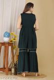 Green Rayon Kurta Set with Sharara and Dupatta: Elegant Indian wear for festive and daily occasions. Single set includes one kurti, sharara, and dupatta, made from lightweight rayon fabric in a unique design. Perfect for gifting