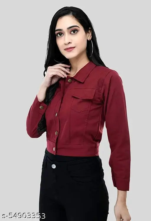 Denim maroon jacket, long sleeves, solid design, premium cotton blend for all-day comfort