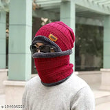 Modern embellished wool beanie cap, scarf, and black polarized sunglasses winter combo for kids, accessories on display stand