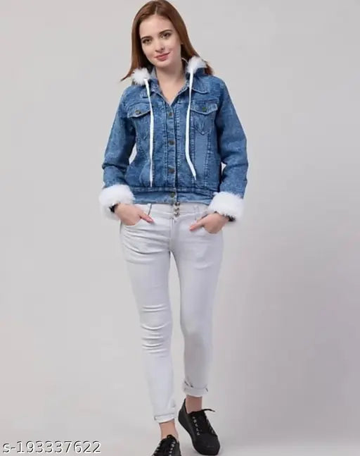 Denim furr jacket, BELLEZA DESIGN solid style, long sleeves, size N, India-made